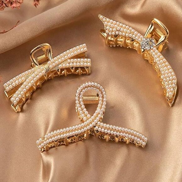 NWT Set of 3 Gold and Pearls Trendy Hair Claw 🤍​​​​​​ - Picture 2 of 3